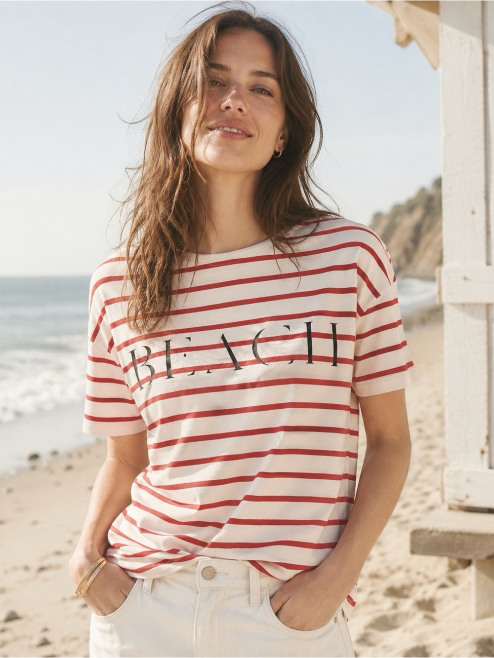 Madewell Women Red Striped Beach Relax Cotton T-Shirt MEDIUM Preppy Resortwear
